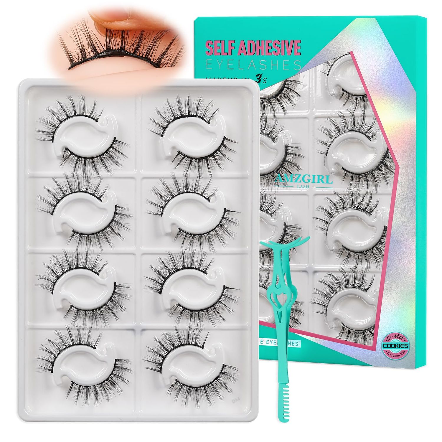 Self Adhesive Eyelashes No Glue Needed, Lash Clusters 8 Pairs Reusable Adhesive Eyelashes,Waterproof Wispy Lashes with Tweezer for Lash Extension at Home by AMZGlRL(Cookies D-mix 12-14mm)