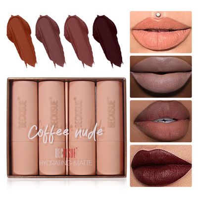 HOSAILY 4Pcs Semi-Matte Lipstick Set Neutral Nude Matte Lip Makeup for Women Long Lasting Waterproof Creamy Velvet Finish Lipstick Non-Stick Cup Not Fade Nude Pigmented Lip Makeup (Coffee Nude)