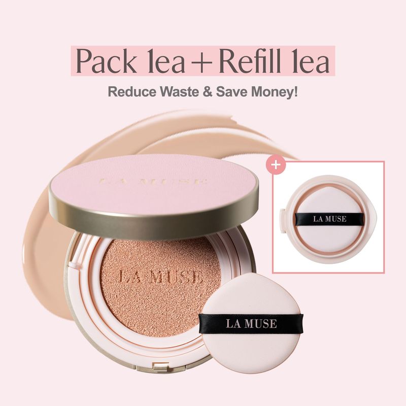 LA MUSE Glow Cushion Foundation|#21 Light Beige(Refill Included), SPF50|Long-Lasting, Natural-Look, Full &amp; Buildable Coverage|Poreless &amp; Blemish Free Glass Skin|Hydrating &amp; Lightweight Glow Finish