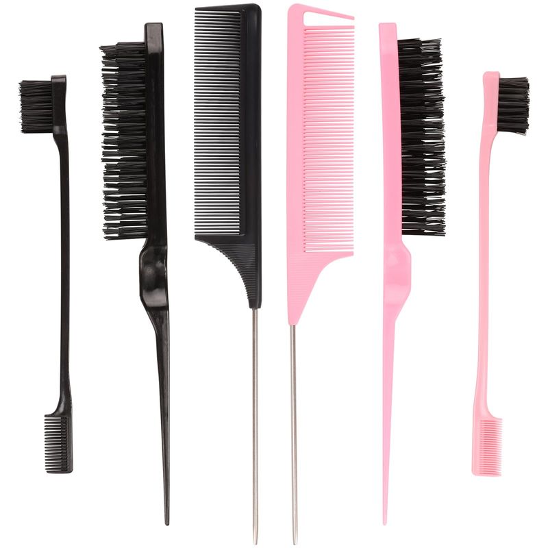 6 Pack Hair Styling Comb Set, 2 Slick Back Hair Bristle Brush, 2 Edge Control Brush and 2 Rat Tail Combs for Hair Parting, Controlling Flyaways &amp; Smoothing Baby Hair (Black &amp; Pink)
