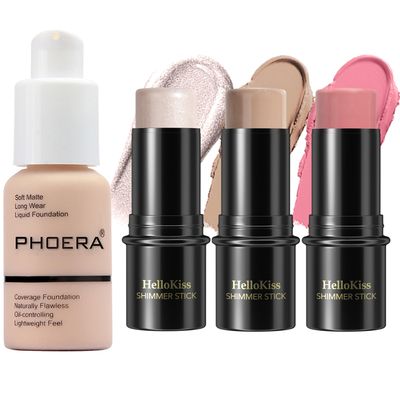 PHOERA Foundation,3 PCS Contour Stick Makeup Kit,Shades with Highlighter Stick,Blush Stick and Bronzer Contour,PHOERA Makeup Wrinkles Matte Natural Finish (101 Fair ContourPorcelain#01,#08,#13)