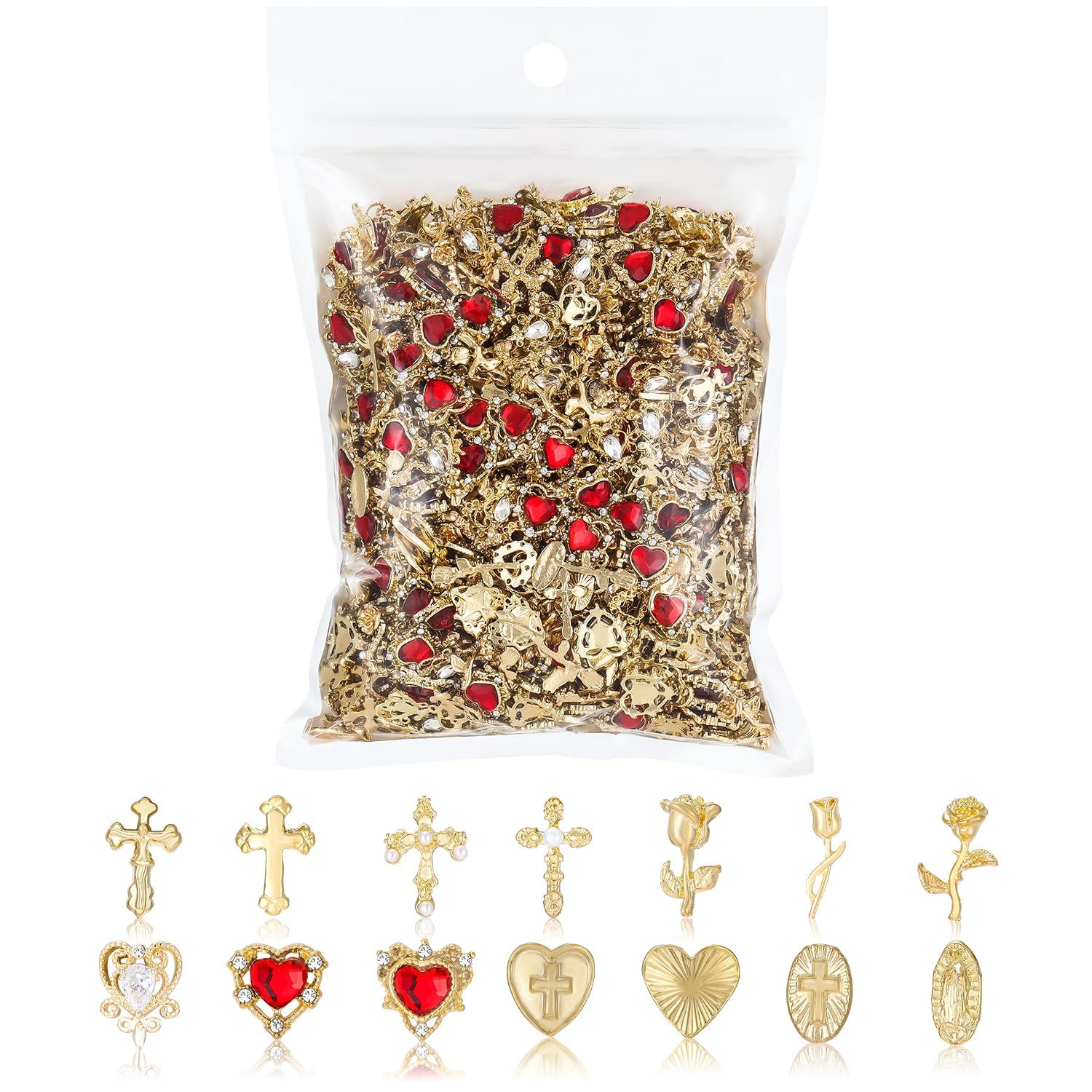 128Pcs Gold Nail Charms Set with Gold Nail Gems, Gold Rose, Hearts, Gold Cross Nail Charms and Virgin Mary Nail Charms - Y2K 3D Chrome Nail Charma Decorations