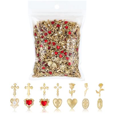 128Pcs Gold Nail Charms Set with Gold Nail Gems, Gold Rose, Hearts, Gold Cross Nail Charms and Virgin Mary Nail Charms - Y2K 3D Chrome Nail Charma Decorations
