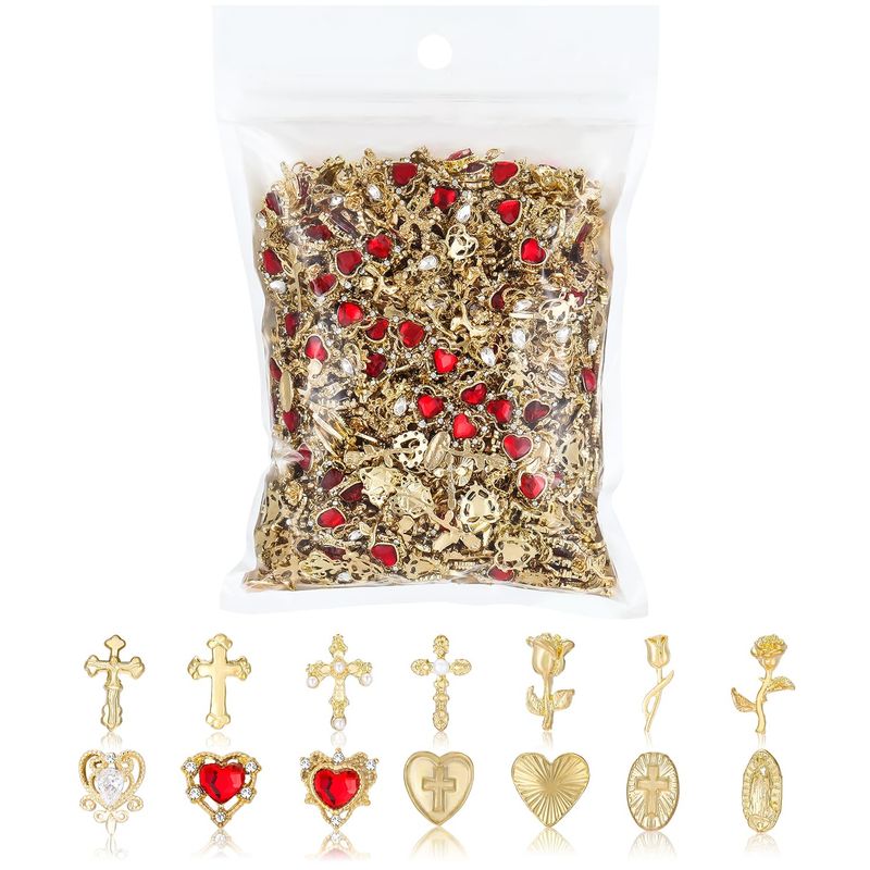 128Pcs Gold Nail Charms Set with Gold Nail Gems, Gold Rose, Hearts, Gold Cross Nail Charms and Virgin Mary Nail Charms - Y2K 3D Chrome Nail Charma Decorations