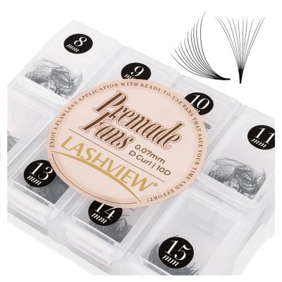LASHVIEW 1000 Fans Pre Made Fans Lash Extensions,10D D Curl Thickness 0.07 Premade Fans Eyelash Extensions 8-15 mm Mixed Length Promades Eyelash Fans Professional Pre Made Lash Fans(10D-0.07-D 8-15mm)