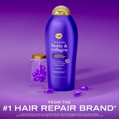 OGX Thick & Full Biotin & Collagen Volumizing Shampoo, Nutrient-Infused Hair Shampoo with Vitamin B7 Biotin Gives Hair Volume & Body for 72 Hours, Sulfate-Free Surfactants, 25.4 fl. oz