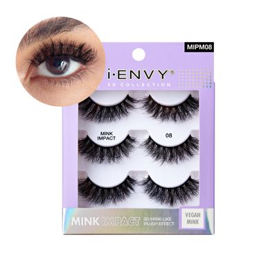 I-Envy 3-in-1 MinkImpact Multipack, 100% 3D Mink-Like Vegan Lashes, Soft, Natural, Fluffy &amp; Lush, Clear Undetectable Band, Lightweight &amp; Comfortable (08)