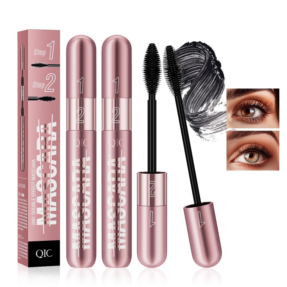 2 in 1 Double-effect 4D Curling Black Mascaras,Waterproof &amp; Smudge Proof Mascara Liquid Lash Extensions Stereo Lengthening Mascara For Women,Quick-Not Sticky Long Lasting Charming No Clumping(2Pcs) B