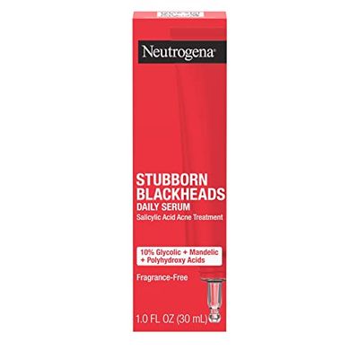 Neutrogena Stubborn Blackheads Daily Acne Facial Serum with Salicylic, Glycolic, Polyhydroxy &amp; Mandelic Acids, Oil-Free Face Serum for Acne-Prone Skin to Help Clear Clogged Pores, 1 fl. oz
