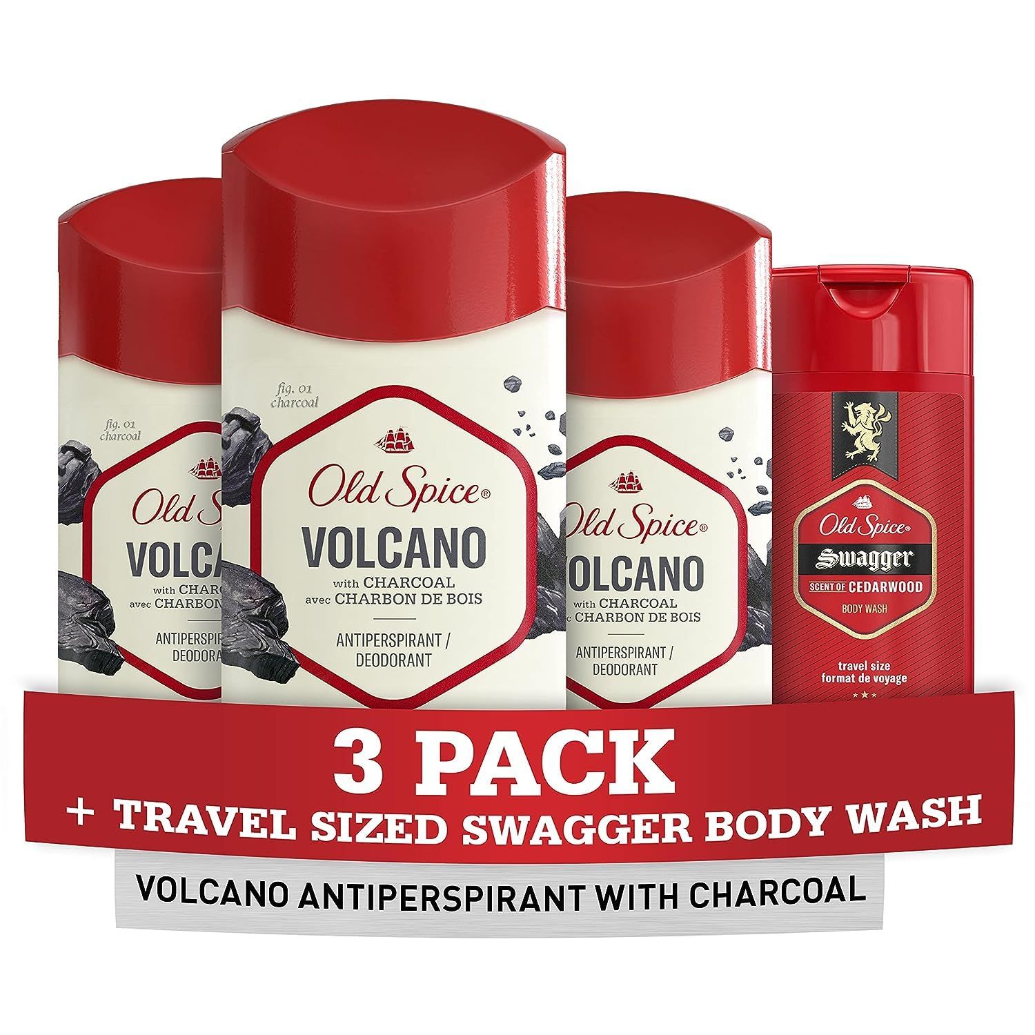 Old Spice Men&#39;s Antiperspirant &amp; Deodorant Volcano with Charcoal, 2.6oz (Pack of 3) with Travel-Size Swagger Body Wash