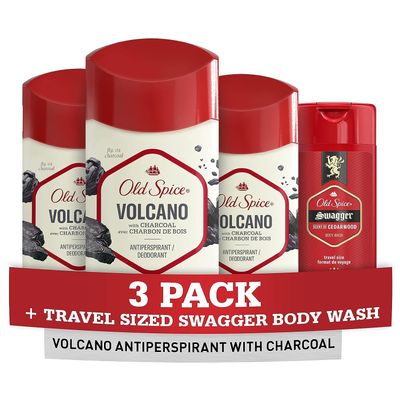 Old Spice Men&#39;s Antiperspirant &amp; Deodorant Volcano with Charcoal, 2.6oz (Pack of 3) with Travel-Size Swagger Body Wash