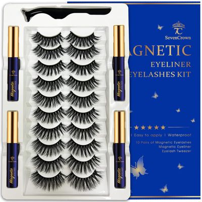 7C SevenCrown 3D Magnetic Eyelashes and Eyeliner Kit - 10 Pairs of Long-Lasting Reusable Magnetic Lashes - Natural Look, Easy Application with Upgraded 4 Tube Waterproof Magnetic Liner -Cruelty Free