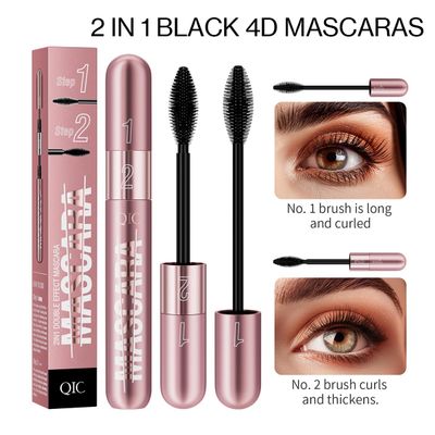 2 in 1 Double-effect 4D Curling Black Mascaras,Waterproof & Smudge Proof Mascara Liquid Lash Extensions Stereo Lengthening Mascara For Women,Quick-Not Sticky Long Lasting Charming No Clumping(2Pcs) B