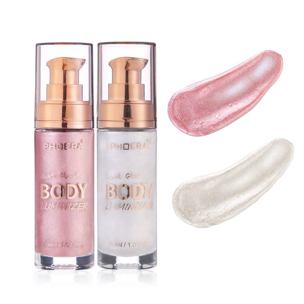 2 Pack PHOERA Shimmer Body Lotion, High Gloss Waterproof Glitter Face Body Luminizer Oil Highlighter Makeup .104# Sparkle Pink&amp;105# White moonbeam