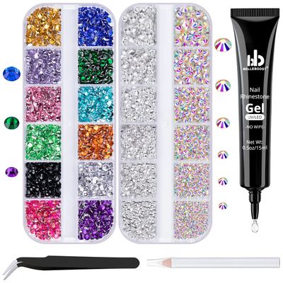 BELLEBOOST Nail Art Rhinestone Glue Gel&amp;2 Boxes Flatback Gems Kit, 1 Tube of 15ml Rhinestone Gel GlueColorful GemsFlat Back Round Glass Crystal AB&amp;Clear Gemstones with Pickup Tools