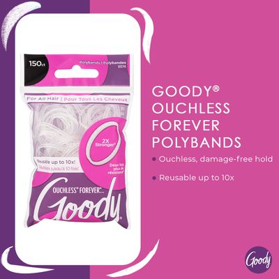 Goody Ouchless Forever Polyband Hair Ties - 150 Ct, Clear, Hair Bands for Women's Hair, Easy Glide, Ultra-Strong Hold Hair Accessories for Women &amp; Men, Secure Hold Ridge Design, All Hair Types