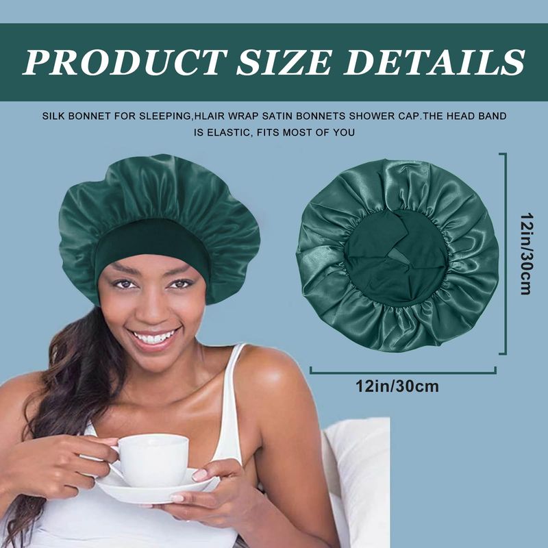 4PCS Silk Bonnet for Sleeping,Hair Satin Bonnets for Black Women Men,Hair Wrap Cap for Curly Hair,Elastic Wide Band Hair Bonnet Shower Cap for Sleeping (Black &amp; Peacock Blue &amp; Pink &amp; Khaki)