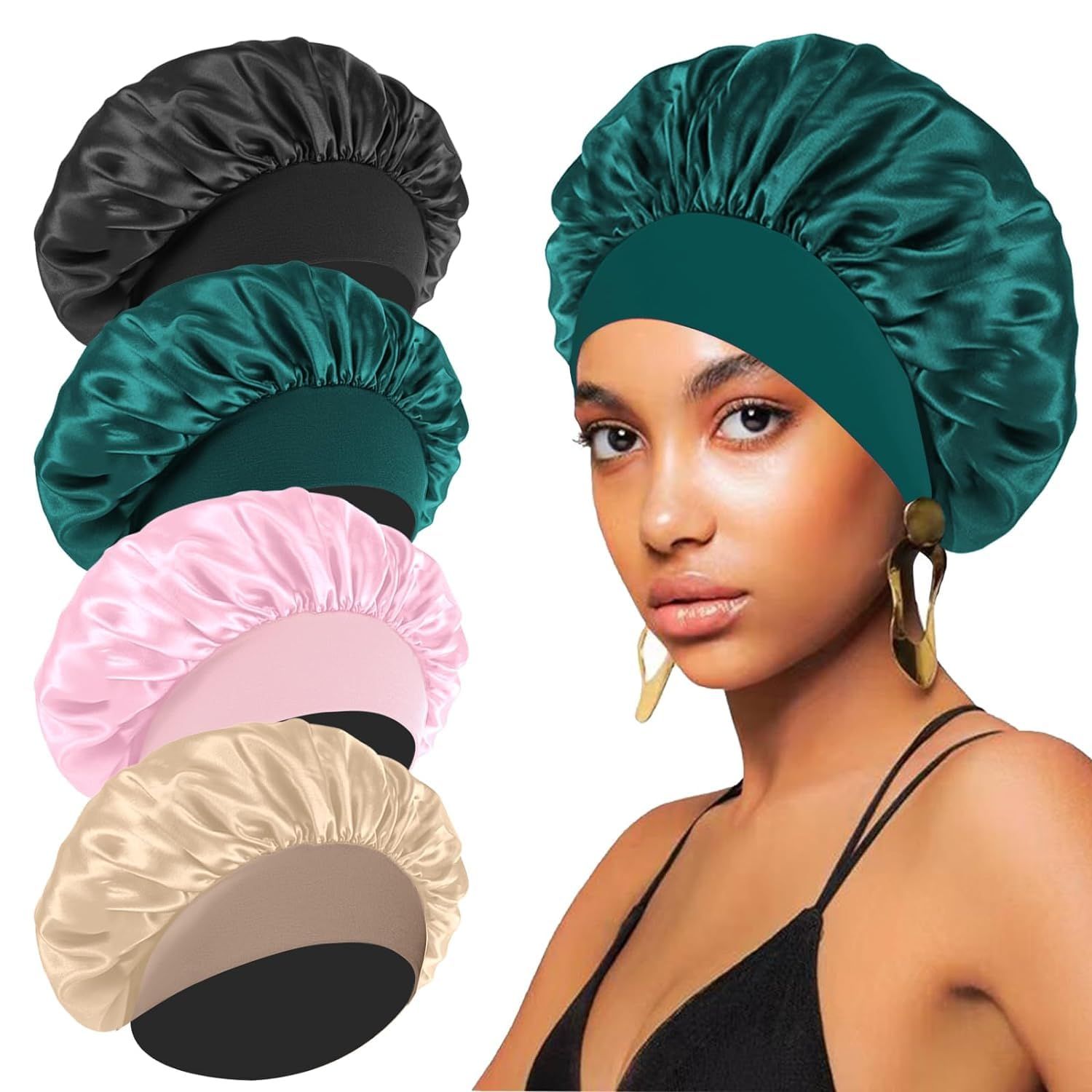 4PCS Silk Bonnet for Sleeping,Hair Satin Bonnets for Black Women Men,Hair Wrap Cap for Curly Hair,Elastic Wide Band Hair Bonnet Shower Cap for Sleeping (Black &amp; Peacock Blue &amp; Pink &amp; Khaki)