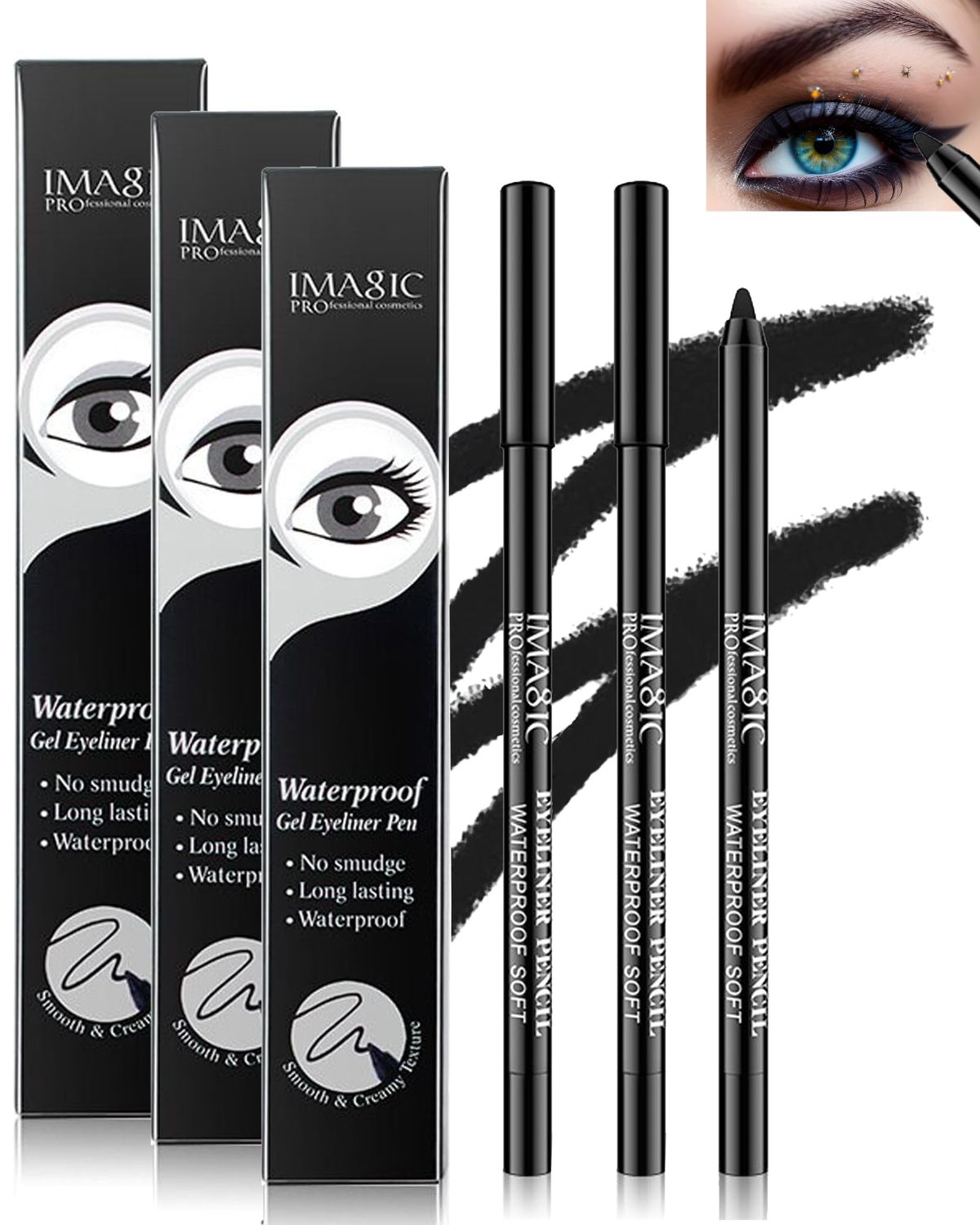 3 Pcs Matte Black Waterproof Smudge-proof Gel Eyeliner Pencil,Fade-Proof Eye Liner Water Line Pencil,Cat EyeSmoky Eye Makeup Pen,Waterline Gel Eye Liner,Christmas Makeup Gift Set for Women Girl