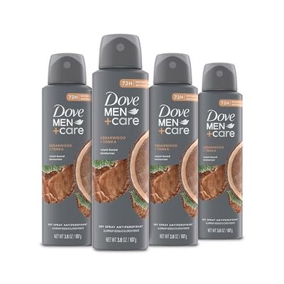 Dove MenCare Dry Spray Antiperspirant Cedarwood  Tonka 4 Count 72H Protection with a Plant-Based Moisturizer 3.8 oz