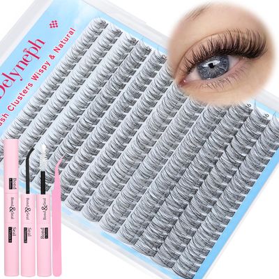 Natural Lash Extension Kit 240 Pcs Lash Clusters 10-16 MM Wispy Cluster Eyelash Extensions C Curl Individual Lashes Extensions Kit with Lash Bond and Seal and Eyelash Clusters Tweezers by Delyneph