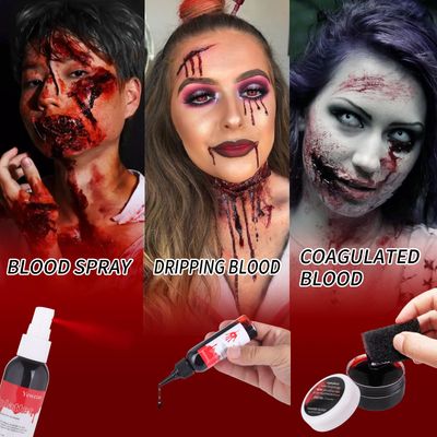 Yeweian 4PCS Fake Blood Makeup Kit, Washable Fake Blood Spray 2.1oz, Dripping Blood 2.1oz, Coagulated Blood 1.06oz and One Stipple Sponge, Halloween SFX Makeup for Zombie,Vampire and Monster Cosplay