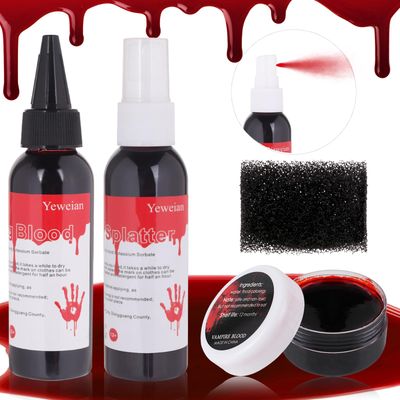 Yeweian 4PCS Fake Blood Makeup Kit, Washable Fake Blood Spray 2.1oz, Dripping Blood 2.1oz, Coagulated Blood 1.06oz and One Stipple Sponge, Halloween SFX Makeup for Zombie,Vampire and Monster Cosplay