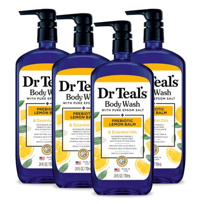 Dr Teal&#39;s Body Wash with Pure Epsom Salt, with Prebiotic Lemon Balm &amp; Sage, 24 fl oz (Pack of 4) (Packaging May Vary)