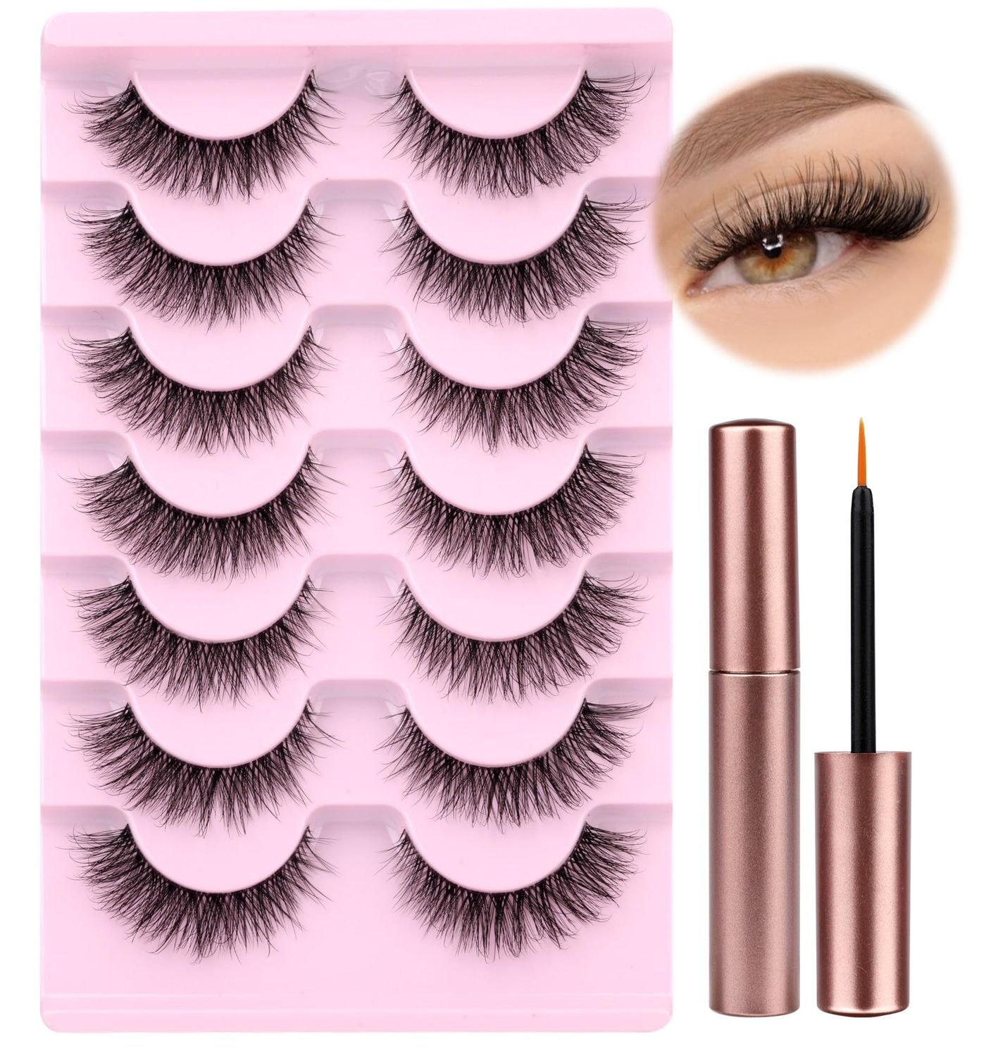 wiwoseo Natural Wispy Fluffy Lashes with Glue Cat Eyes Mink Lashes Clear Band Eyelashes with Glue Kit Russian Strip Lashes Natural Look False Eyelashes Extension Strip Lashes D Curly 7 Pairs Pack