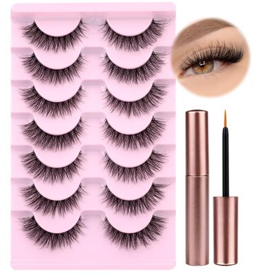 wiwoseo Natural Wispy Fluffy Lashes with Glue Cat Eyes Mink Lashes Clear Band Eyelashes with Glue Kit Russian Strip Lashes Natural Look False Eyelashes Extension Strip Lashes D Curly 7 Pairs Pack