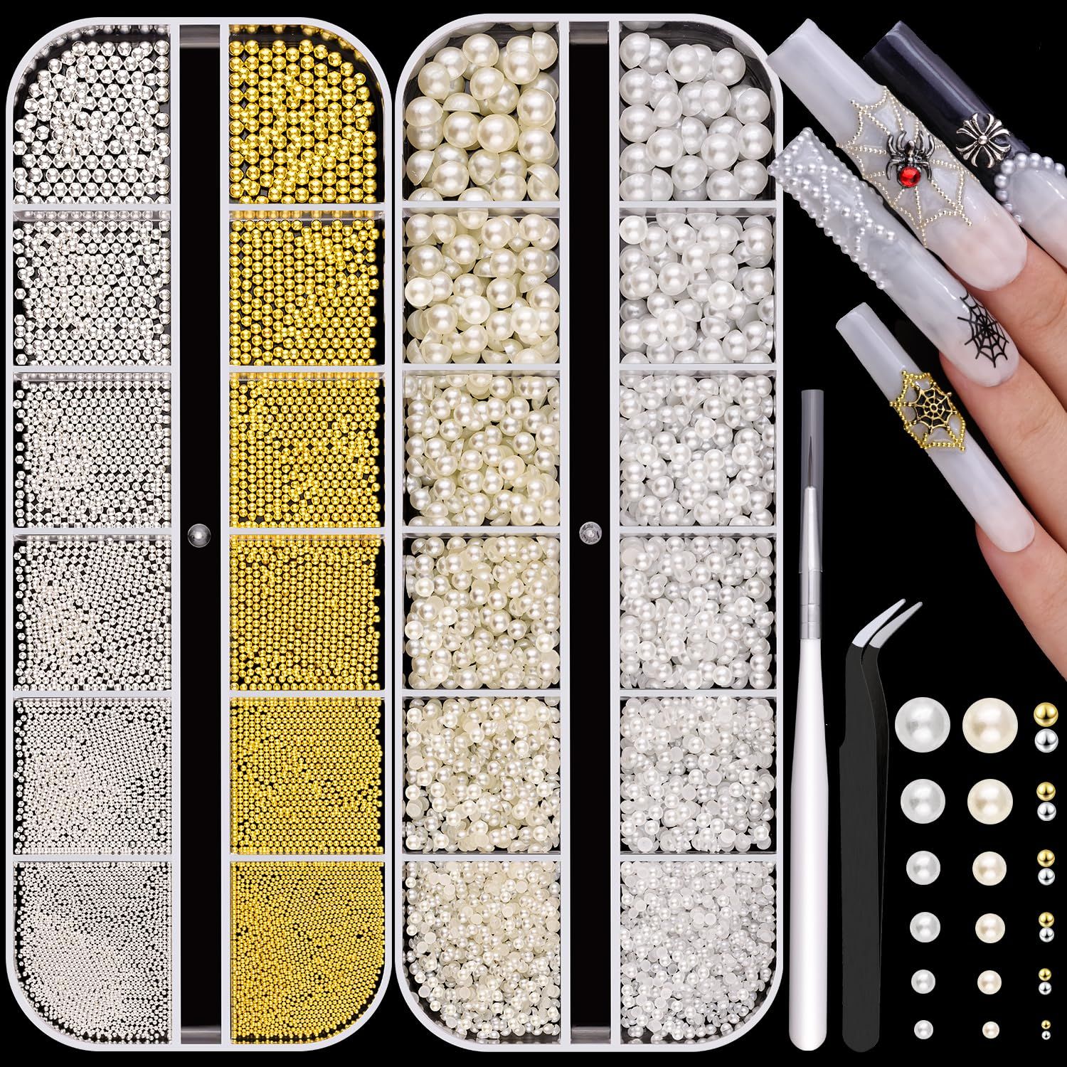 2 Boxes Flatback Pearls (WhiteBeige) and Metal Nail Beads (SilverGold) for Nail Art, Luxurious Pearl Nail Charms and Small Round Caviar Beads Nail Accessories for Acrylic Nail Tips Manicure Decor