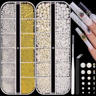 2 Boxes Flatback Pearls (WhiteBeige) and Metal Nail Beads (SilverGold) for Nail Art, Luxurious Pearl Nail Charms and Small Round Caviar Beads Nail Accessories for Acrylic Nail Tips Manicure Decor