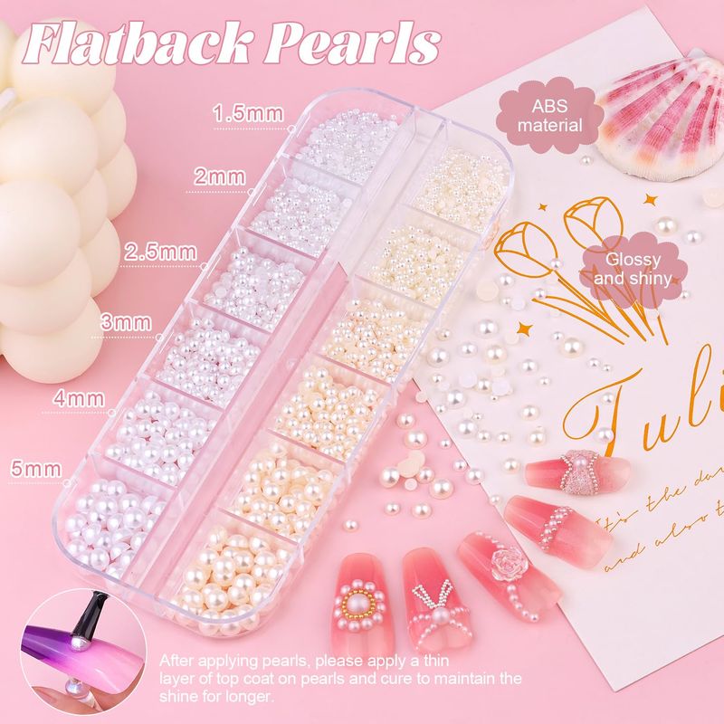 2 Boxes Flatback Pearls (WhiteBeige) and Metal Nail Beads (SilverGold) for Nail Art, Luxurious Pearl Nail Charms and Small Round Caviar Beads Nail Accessories for Acrylic Nail Tips Manicure Decor