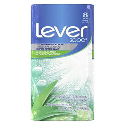 Lever 2000 Refreshing Body Soap and Facial Cleanser Aloe &amp; Cucumber Effectively Washes Away Bacteria 4 oz 8 Bars