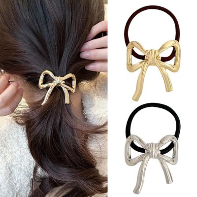 Hair Ties for Women Bowknot Hair Ties for Girls Elegant Elastics Rubber Hair Scrunchies for Long Thick Thin Curly Gold Silver Metal Hair Ties Ponytail Holder Hair Accessories for Hair Styling 2Pcs1