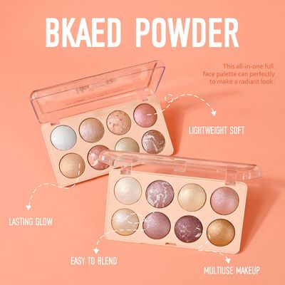 KYDA 8 Colors Baked Powder Palette, Mulitiuse Baked Powder for Eyeshadow Highlighter Contour, High Glossy Pigment, Lightweight Soft Powder, Buildable Blendable Natural Look, Rose Gold