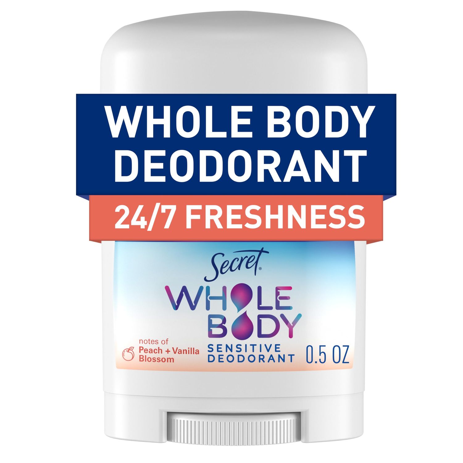 Secret Whole Body Deodorant Stick for Women, Travel Size, Peach &amp; Vanilla Blossom Scent, Aluminum Free Deodorant, 72 HR Odor Protection, 0.5 oz