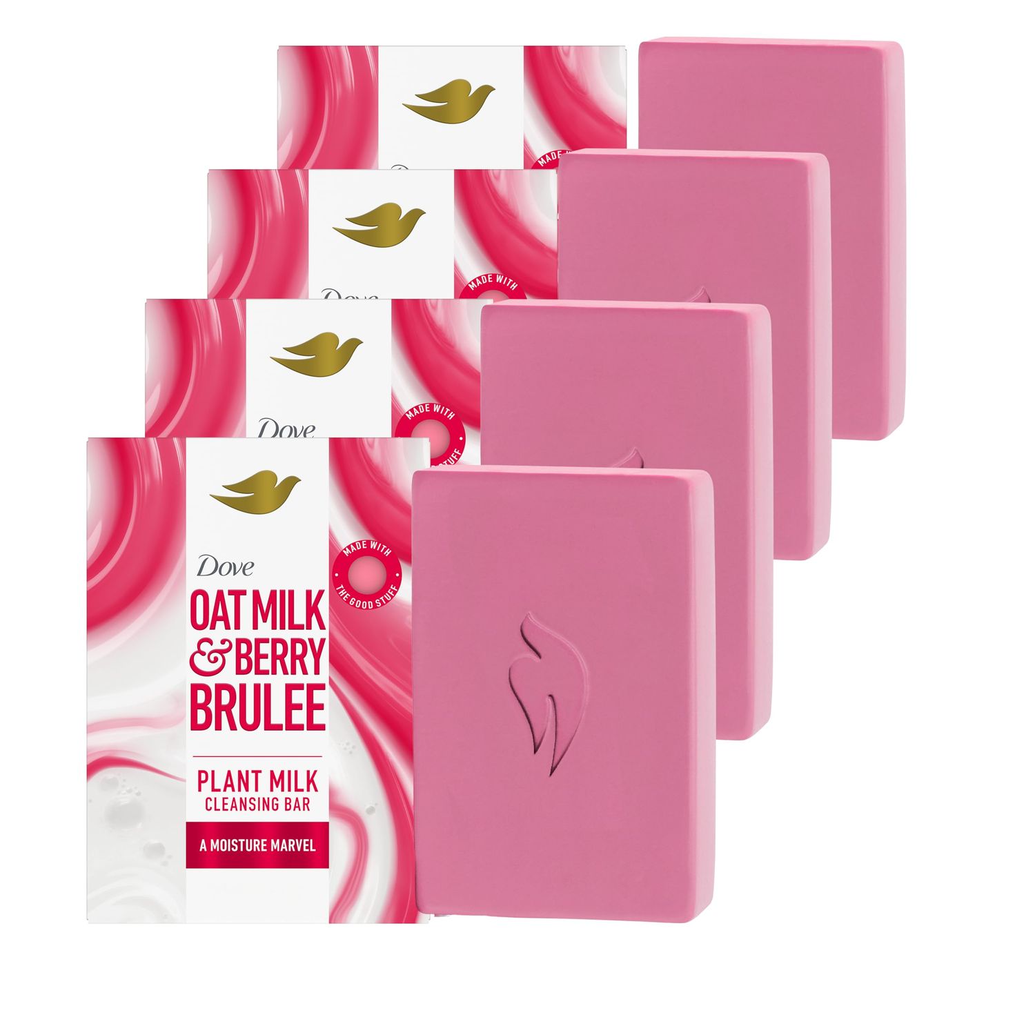 Dove Plant Milk Cleansing Bar Soap Oat Milk &amp; Berry Brulee Moisture Marvel 4 Count for Moisturized Skin Gentle Cleanser, No Sulfate Cleansers or Parabens, 98% Biodegradable Formula 5 oz