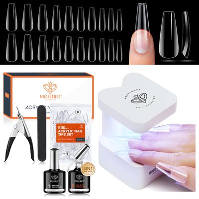 modelones Gel x Nail Kit, Nail Tips and Glue Gel Kit with Nail Glue Gel, 500Pcs Long Coffin Nail 10Sizes, Nail Dehydrator, Ultra-Portable LED Nail Lamp, Gel Nail Extension Kit Salon Gifts for Women
