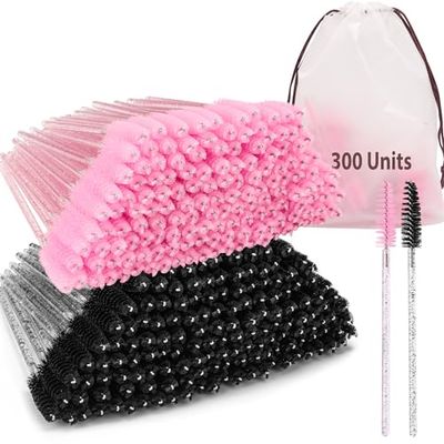300 Pcs Disposable Mascara Wands, Crystal Eyelash Brush Eyebrow Spoolies for Eyelash Extensions, Pink &amp; Black Mascara Brush