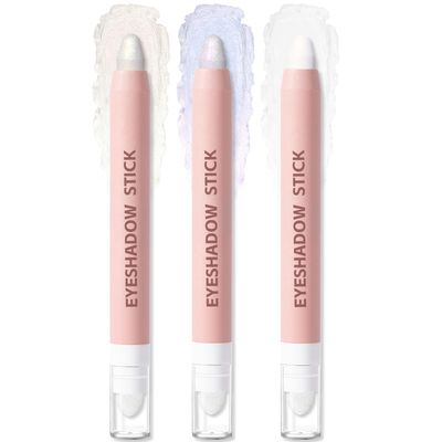 HOSAILY 3Pcs Cream Eyeshadow Stick, Matte White Shimmer Multichrome Iridescent Eye Shadow Pen, Smooth Long Lasting Inner Corner Eye Brightener Stick, Multiuse Face Highlighter Makeup Stick with Brush