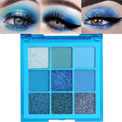 evpct 9 Colors Dark Light Royal Cobalt Blue Pearl White Glitter Shimmer Eye Shadow Makeup Palette Highly Pigmented Waterproof Matte Glitter Shimmer Daily Party Sparkling Eyeshadow Palett for Girl