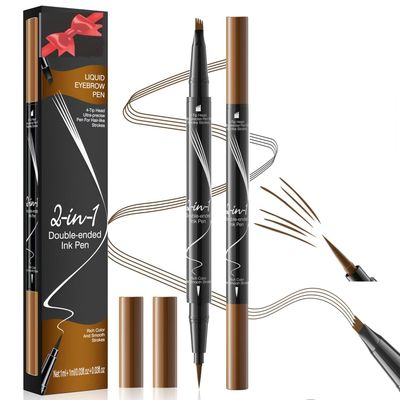 2PCS Microblading Eyebrow Pen Last All-Day Eyebrow Pencil 2-in-1 Magical Waterproof Eye Brow Pencils with 4-Fork-Tip &amp; Precise Brush-Tip for Natural Hair Like Strokes (Light Brown)