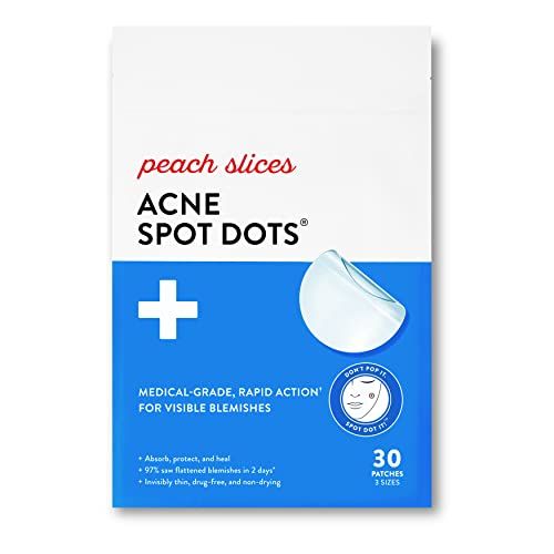 Peach Slices | Acne Spot Dots | Hydrocolloid Acne Patches | For Zits, Blemishes, &amp; Breakouts | Vegan | Cruelty-Free | Pimple Patches | Facial Skin Care Products | 3 Sizes (7mm, 10mm, &amp; 12mm) | 30 Ct