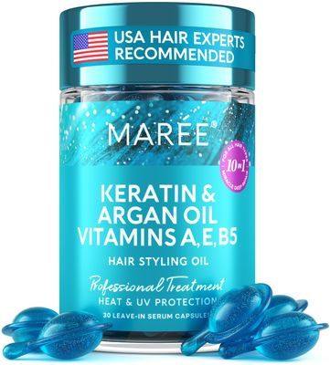 MAREE Hair Oil for Damaged Hair - Keratin Styling &amp; Moisturizing Oil Capsules with Avocado, Jojoba &amp; Argan Oil - Leave-in Anti Frizz Hair Serum for Frizzy and Damaged Hair Vitamins A, E &amp; B5