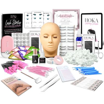 Hoka Lash Eyelash Extension Kit &amp; Training Course and Certification, Professional Lash Extension Kit for Beginners Includes Practice Mannequin Head, Lash Trays, Glue, Tweezers, Fan &amp; More