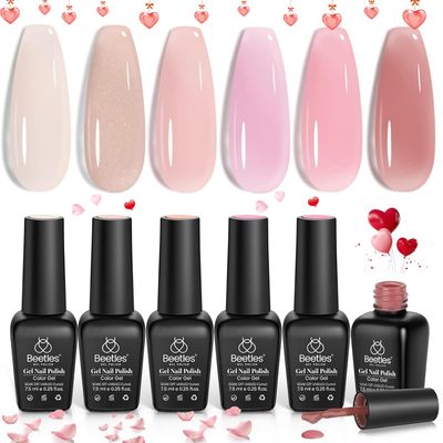 Beetles Jelly Gel Nail Polish Set 6 Colors Neutral Sheer Shimmer Glitter Nails Nude Pink Gel Polish Kit Translucent Soak off Uv Nail Gel Diy Manicure Nail Trend Nail Art Valentine&#39;s Day Gift for Women