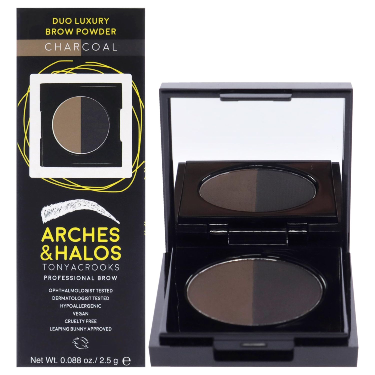 Arches &amp; Halos Duo Luxury Brow Powder - Two-for-One Versatile Compact Powder - Get Full, Defined Brows - Vegan and Cruelty Free Makeup - Charcoal - 0.88 oz