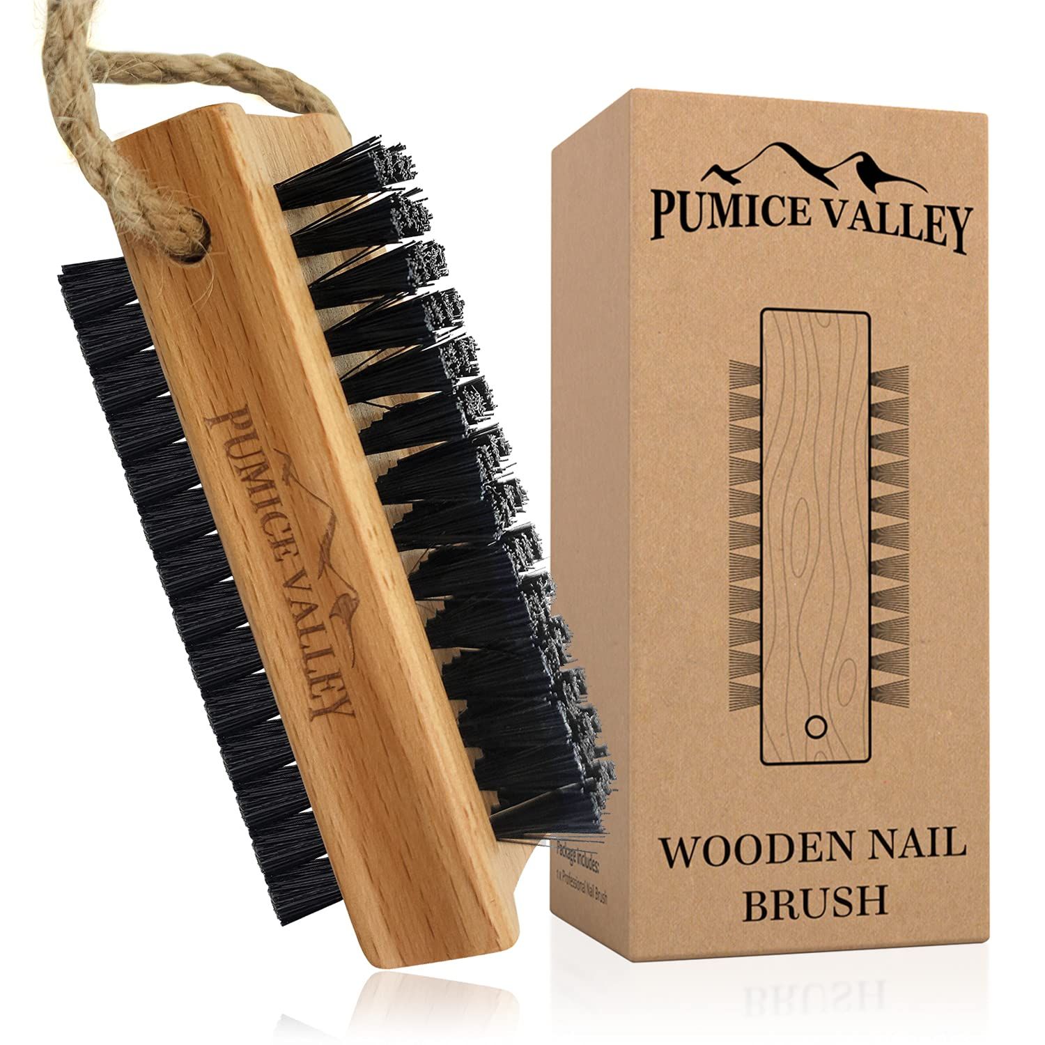 Wooden Cleaning Finger Nail Brush with Nylon Charcoal Bristles &amp; Hanging Rope - Double-Sided Fingernail Brush for Scrubbing Fingernails and Toes (Beechwood)
