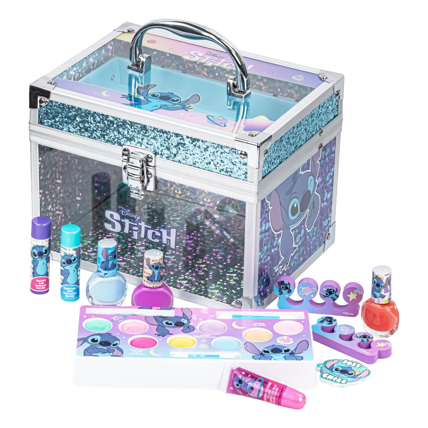 Stitch Train Case Beauty Set, Kids Makeup Kit for Girls, Real Washable Makeup Set, Play Makeup, Party Favor, Birthday, Ages 3 4 5 6 7 8 9 10 11 12 by Townley Girl
